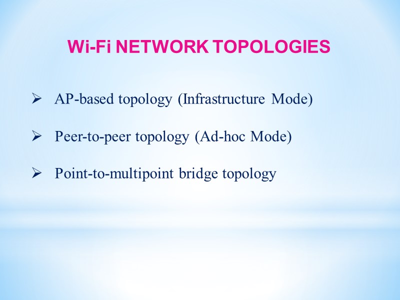Wi-Fi NETWORK TOPOLOGIES    AP-based topology (Infrastructure Mode)    
